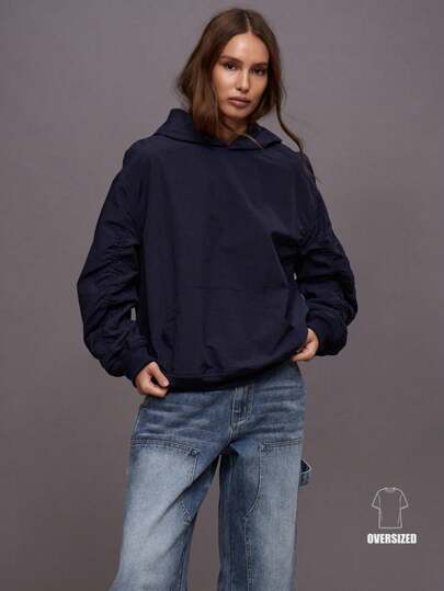 MUSERA 超大款贝壳褶皱长袖连帽衫，冬日夜晚外出街头风，可爱返校性感无码