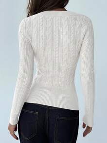 Aloruh Fashionable Deep V-Neck Long Sleeve Fitted Vintage Cable Knit Pullover Sweater,Elegant White Autumn Casual Top For Women,Versatile Date Knitwear - White - View 2