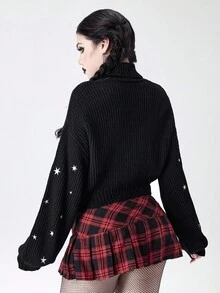 ROMWE Goth 女式高领深色哥特式黑色神秘星月蛇皮植物刺绣套头衫 - 黑色 - 查看 3