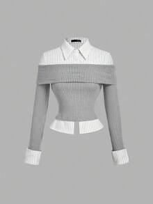 SHEIN MOD 灰色针织条纹拼布衬衫二合一上衣，返校季，女士办公室装，复古风女士装，学院风，教师风，Y2k 女士上衣 - 灰色 - 查看 1