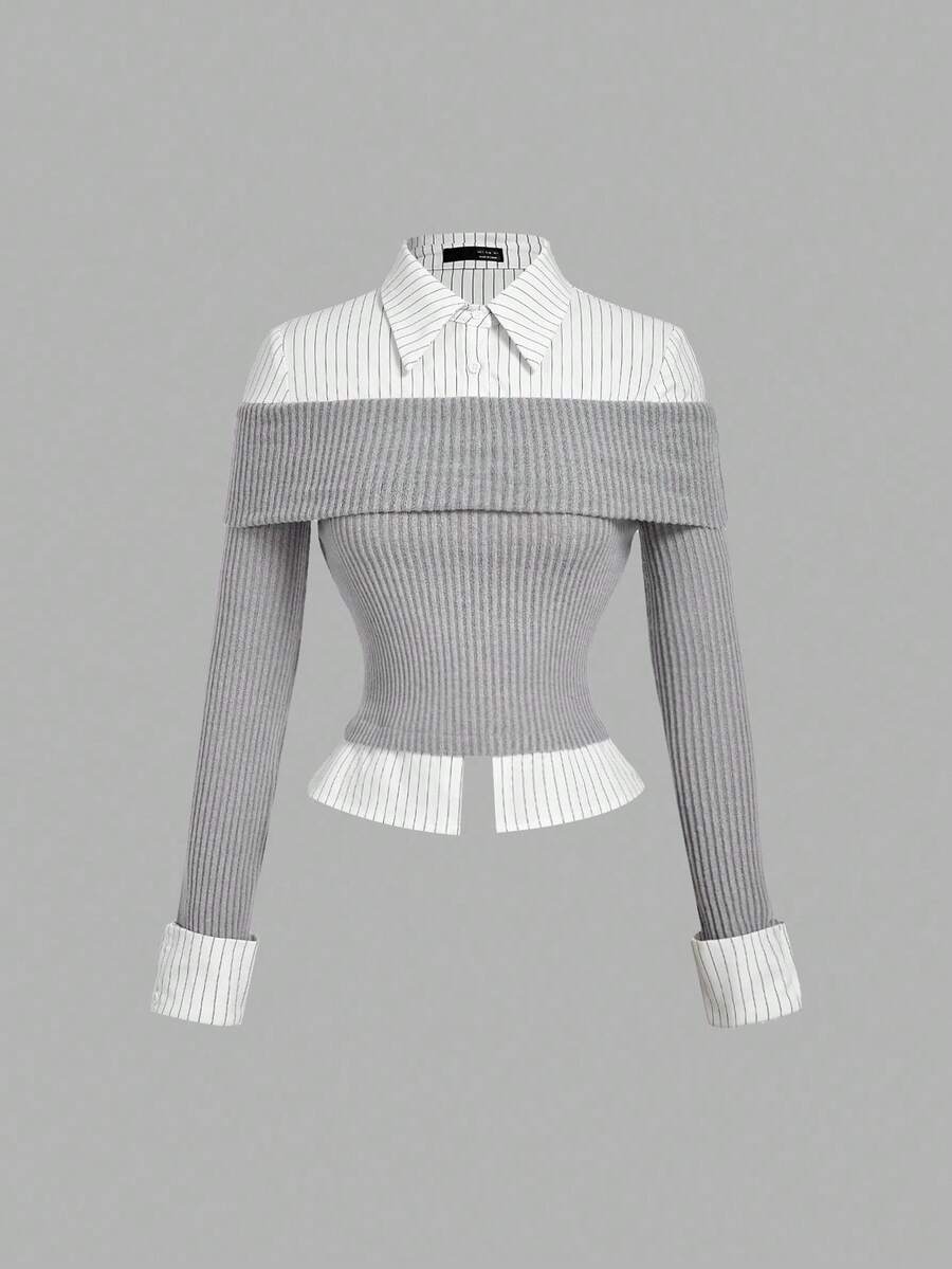 SHEIN MOD 灰色针织条纹拼布衬衫二合一上衣，返校季，女士办公室装，复古风女士装，学院风，教师风，Y2k 女士上衣 - 灰色 - 查看 1