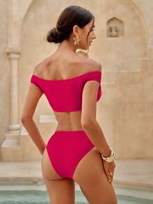 Swim Chiccia Women's Elegant Off-Shoulder Bandeau High-Cut High-Waist Swimwear Set, Suitable For Summer Vacation & Beach - Red - View 2