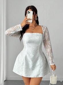 Elenzga Women's Elegant And Sexy Summer White Mini Dress With Rose Texture Fabric And Sexy Lace Splicing, Featuring A Delicate And Elegant A-Line Silhouette. Suitable For Everyday Wear, New Year's Outfits, Christmas Outfits, Holiday Outfits, And Valentine's Day Outfits.