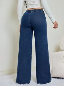 SHEIN Tall Women's Casual Side Zipper Thermal Lined Denim Jeans, Autumn/Winter, Chic Going Out Winter Clothes, Warm Brown Thermal Lined Elastic Waistband Blue Jeans - Dark Wash - View 5