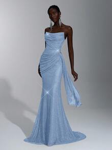 Elitara 优雅华丽的亮片深V领口，可拆卸3D立体水晶花卉装饰，侧边垂坠设计，适合节日、约会、婚礼、毕业典礼、派对、正式场合、婚礼宾客、情人节等场合。 - 淺藍色 - 查看 4