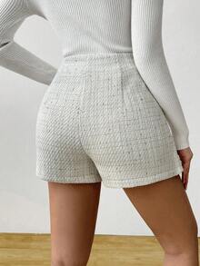 Islaluna Women's White Woven Fabric Button Detail Skort Casual Short Plain Zipper Skort Tweed Skirt
