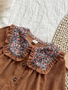 Vintaside Kids Baby Girls' Corduroy Ditsy Floral Dress, Countryside Style, Elegant & Cute, Suitable For Spring, Autumn And Winter Transition Seasons - Brown - View 8