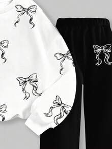 SHEIN ChillGRL 少女 2 件套运动衫套装，粉色罩杯女孩和蝴蝶结袖口设计，休闲宽松套头运动衫和裤子套装，适合秋冬季 - 彩色 - 查看 3