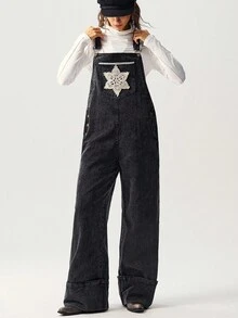 Bohemela 女士休闲纯色宽松连体裤女士工装裤牛仔工装裤背带裤女士阔腿工装裤 - 黑色 - 查看 8