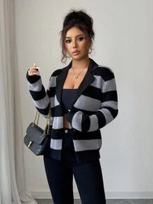 SHEIN Elenzya Women's Black Autumn Casual Striped Knit Cardigan,Streetwear Back-To-School Vintage Grunge Korean Style,Versatile Occasion Sweater For School,Work - Multicolor - View 4
