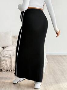 SHEIN Fall Clothes,Autumn Clothes,Maternity Autumn/Winter Clothes  Adjustable Waist Side Stripe Long Casual Maternity Skirt - Black - View 2