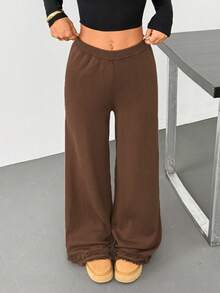 SHEIN Unity 秋冬新款梅拉德阔腿裤，宽松针织直筒裤，通勤、垂坠、修身 - 咖啡棕 - 查看 4