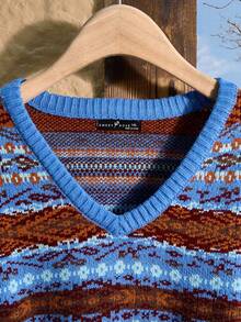 Rusticease Áo len dài tay cổ chữ V họa tiết hình học cỡ lớn dành cho nữ, mùa thu/đông - Nhiều màu - Xem 3