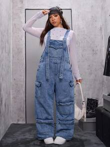 Jeanoix Plus Size Casual Washed Denim Bib Overalls - Blue - View 8