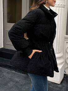 SHEIN LUNE Damen Lässig Pendler einfarbige Reißverschluss-Steppjacke, warm gefüttert, Winter - Schwarz - Übersicht 1