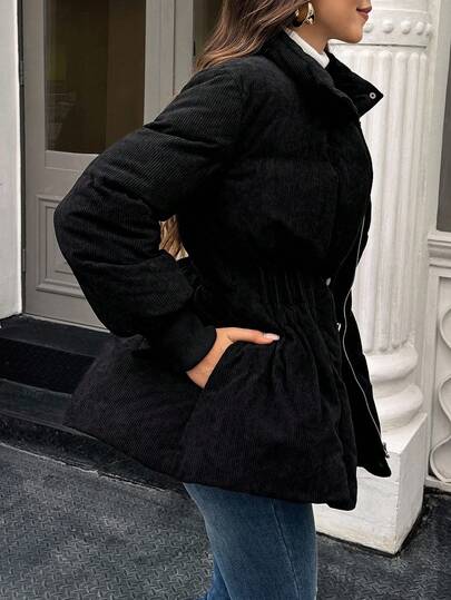 SHEIN LUNE Women's Casual Daily Commute Simple Solid Color Zip-Up Warm Padded Coat, Winter