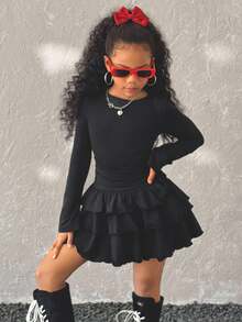 Coolane Kids Váy dài tay màu đen viền bèo nhún thanh lịch cho bé gái tuổi teen Giels, váy thu đông cho bé gái - màu đen - Xem 7