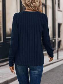 EMERY ROSE 女式纯色圆领长袖罗纹休闲宽松T恤 - 藏蓝色 - 查看 2