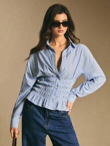 Poéselle Women's Fashionable Commuter Striped Gathered Waist Shirt,Elegant,Casual,American Preppy Hot Girl Shirt With Long Sleeves, Women's Work Shirt, Business,Casual,New Year,Elegant Women,Fall/Winter - Blue and White - View 5
