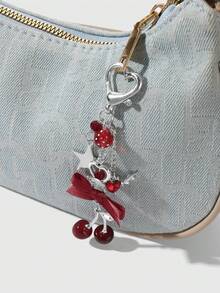 ROMWE Kawaii 1pc Y2K Chic Elegant High-Quality Silver Chain Star Dice Ribbon Bow Crystal Wing Heart Cherry Pendant Keychain, Suitable For Women/Girls Daily Wear, Holiday Gift - Burgundy - View 10