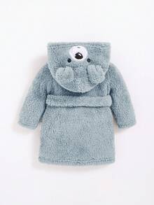 SHEIN Baby Boy Cartoon Embroidery 3D Ear Design Hooded Belted Teddy Sleep Robe - Blue - View 8