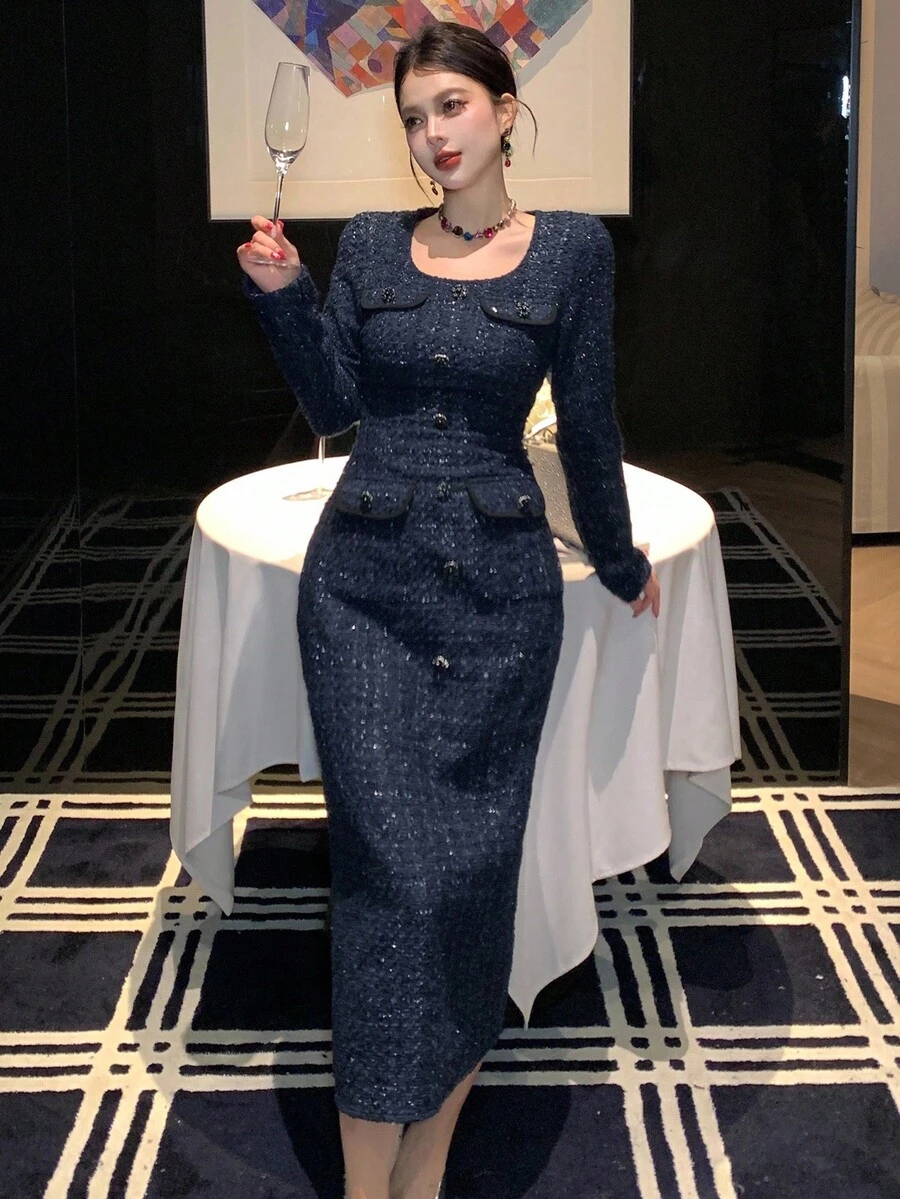 DAZY 女士优雅粗花呢翻盖细节长裙，秋季舞会礼服