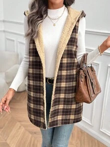 EMERY ROSE Áo khoác lông thú giả không tay họa tiết kẻ caro màu tương phản dành cho nữ - Nhiều màu - Xem 1