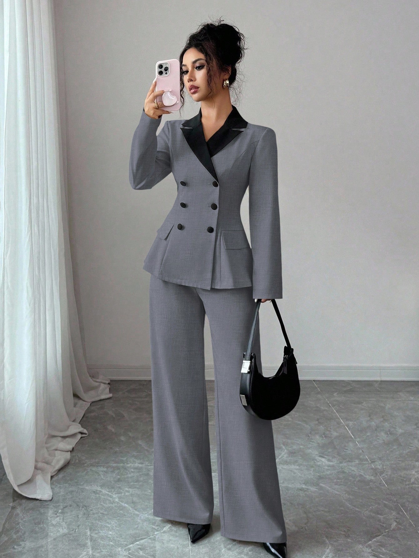 Elenzga بدلة نسائية أنيقة طويلة الأكمام بتباين لون...