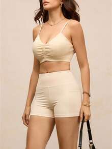 Activina 高腰纯色贴身口袋运动短裤，夏季时尚 - 奶油白 - 查看 6