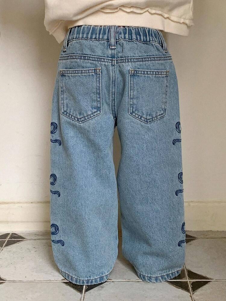 Young Girls Bow Embroidered Thermal Lined Denim Pants, Fall Thermal Lined,Winter