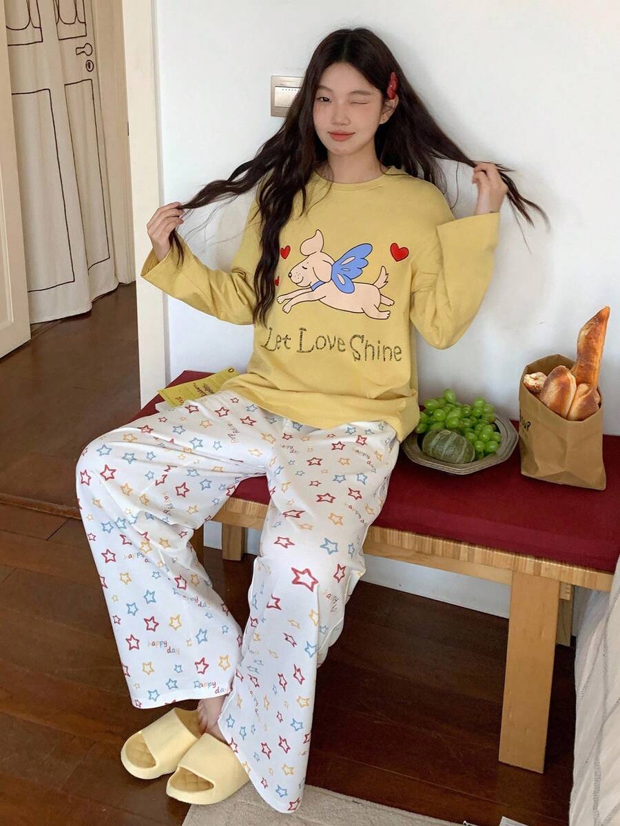 DAZY Cartoon & Letter Graphic Drop Shoulder Top & Pants PJ Set Fall Winter Clothes - Yellow - View 1