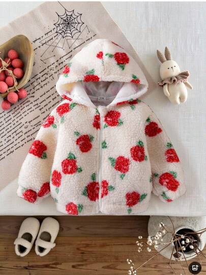 SHEIN Baby Baby Girls' Cute Rose Thermal Lined Long Sleeve Hooded Zip-Up Jacket, Comfortable And Fashionable For Autumn/Winter Fall