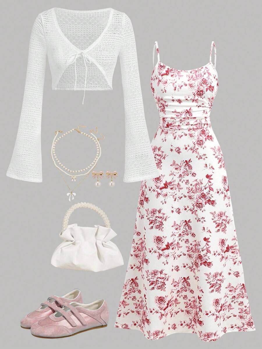 Girlism Teen Girls Jacquard Knit Flare Sleeve Jacket & Ditsy Floral Slip Dress Co-Ord Set, Sweet Casual Elegant