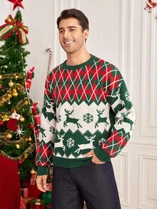 Manfinity RelaxMax Suéter de punto casual con estampado navideño de rombos para hombres, suéteres navideños familiares a juego para hombres y mujeres en otoño/invierno - Multicolor - Ver 4