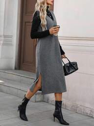 SHEIN LUNE Women's Casual Solid Color Woolen Sleeveless V-Neck Split Midi Dress, Basic Outfit For Autumn/Winter Daily Wear Outfit Streetwear Fall Clothes For Women Fall Outfits For Women Fall Clothes Winter Clothes For Women Casual Airport Outfit For Women Going Out Outfits Women Dresses For Women Elegant Casual Dresses For Woman Women Midi Dress New Fall Fashion Elegant Dresses Winter Dress Business Dress Elegant Midi Elegant Midi Dress Office Dress
