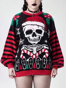 ROMWE Goth Dark Christmas Tree, Skull, Snowflake, Candy Cane Pattern Women Sweater - Multicolor - View 5