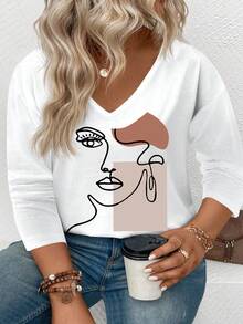 EMERY ROSE Women's Geometric Portrait Print V-Neck Long Sleeve Casual Versatile Plus Size T-Shirt, Autumn/Winter Best Seller - White - View 4