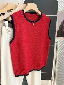 Franclia Casual Loose Crew Neck Sleeveless Knit Contrast Trim Khaki Sweater Top For Women, Spring/Autumn - Red - View 5