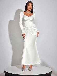 INAWLY Women's Elegant Sexy Satin Backless Bow Decor Long Sleeve Maxi Dress, Suitable For Party, Spring/Autumn - White - View 5