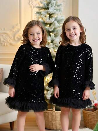 PrepCrw 1 pieza Vestido elegante y versátil para fiestas de niñas jóvenes con adorno de manga de malla, decoración de terciopelo negro con lentejuelas, manga larga y cuello redondo, adecuado para salidas casuales, reuniones, vacaciones, fiestas, otoño/invierno, Navidad, Halloween