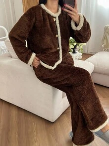 DAZY Women's Thick Fleece Trim Design Pajama Clothes Set, Winter - Coffee Brown - View 4