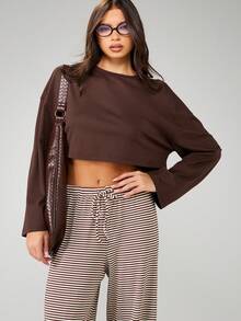 MISSGUIDED 宽袖短款休闲上衣秋季家居服宽松休闲落肩棉混纺舒适冬季休闲服 - 棕色 - 查看 1