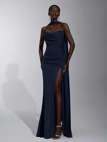 SHEIN Belle 优雅、浪漫、深红色、编织哑光、丝带装饰、露肩、露肩、合身、鱼尾伴娘礼服 - 藏蓝色 - 查看 6