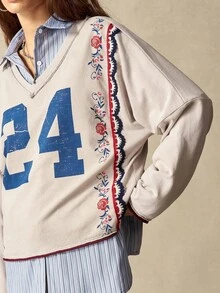 Bohemela 女士休闲拼接V领长袖宽松T恤 - 杏色 - 查看 5