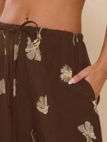 COSMINA 女式全印花打结休闲宽松阔腿裤 - 咖啡棕 - 查看 2