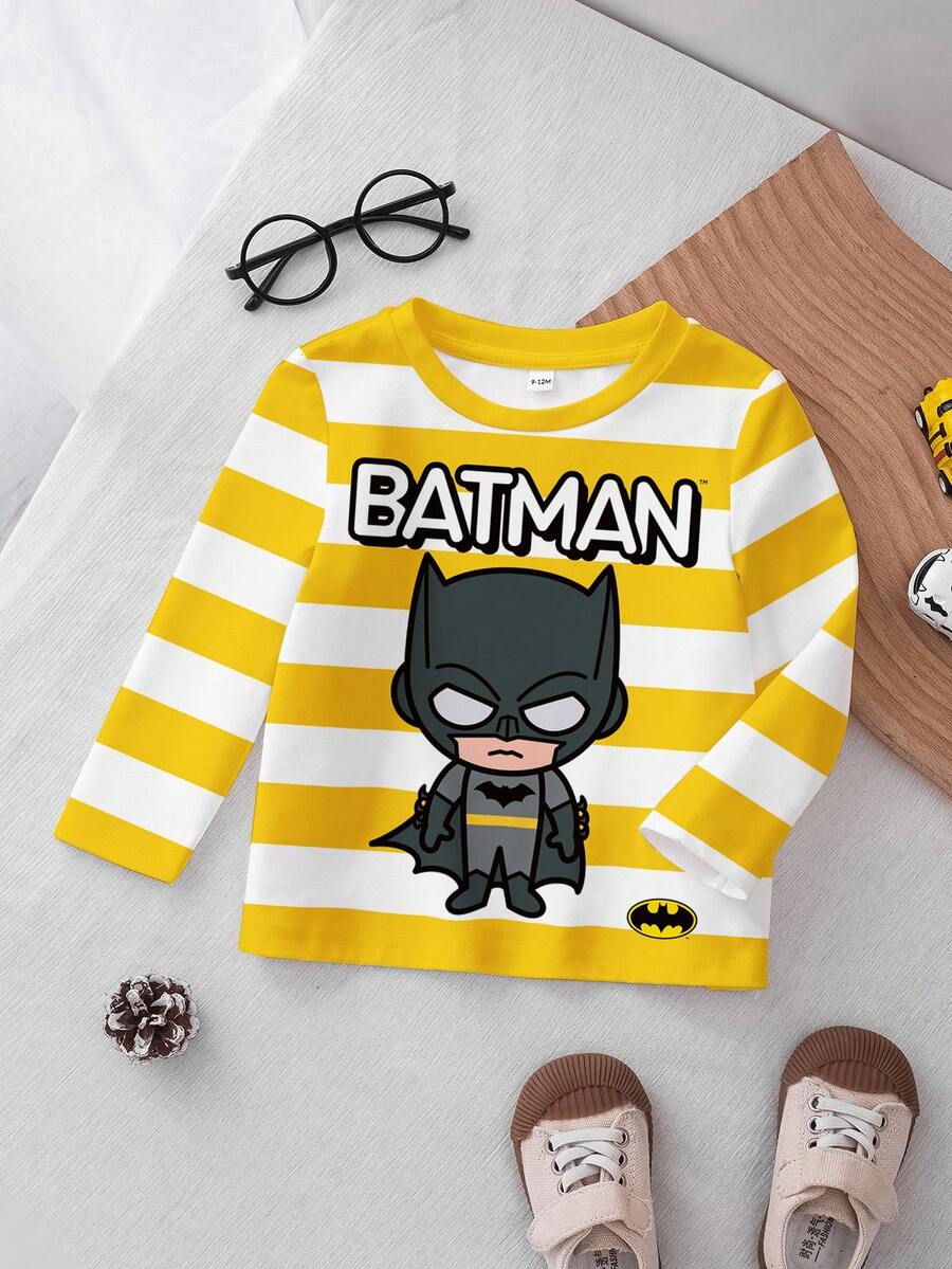 BATMAN X SHEIN T-shirt à manches longues pour bébé garçon avec motif rayé bicolore, dessin animé et lettrage