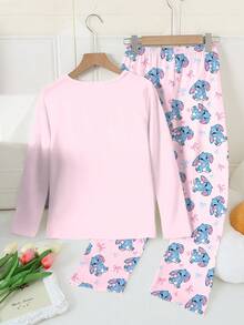 Girls' Long Sleeve Round Neck Sweater Top Paired With Loose Pants, Cute Rabbit Print Knitted Milk Silk Soft Fabric Pajama Set, Available In Pink And Blue, Adorable And Sweet Style - Pink - View 2