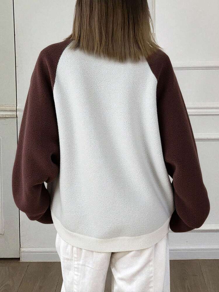 Letter Jacquard V-Neck Loose Fit Women Sweater