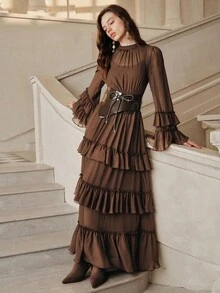 Anewsta Savoree Elegantes Hochzeitsgast-Kleid mit ausgestellten Ärmeln und Rüschensaum, geeignet für Musikfestivals, Herbst - Kaffeebraun - Übersicht 4