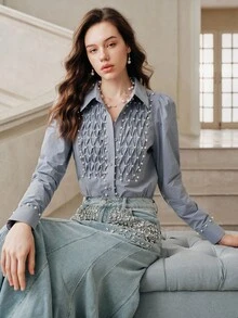 Anewsta Savoree Áo cánh tay phồng đính ngọc trai giả thanh lịch cho nữ - Màu xanh lam - Xem 6